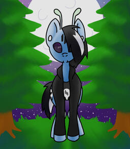 A drawing of an alien pony standing in a moonlit forest.